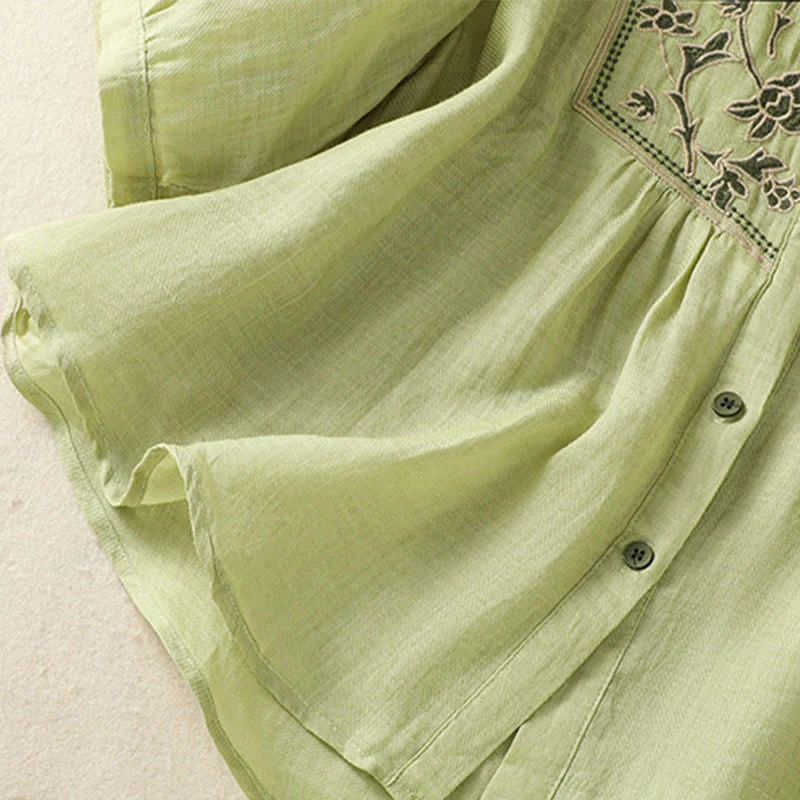 Camicia monopetto da donna in cotone e lino con maniche a tre quarti e ricamo Buddha Stones - Image 7