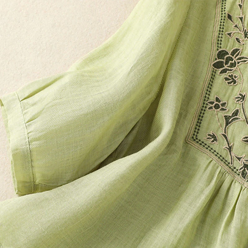 Camicia monopetto da donna in cotone e lino con maniche a tre quarti e ricamo Buddha Stones - Image 9
