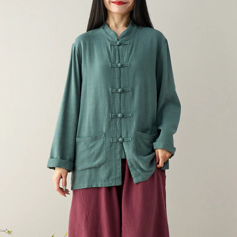Camicie da donna in cotone e lino a maniche lunghe con bottoni a rana, tinta unita, con tasche, Buddha Stones - Image 11
