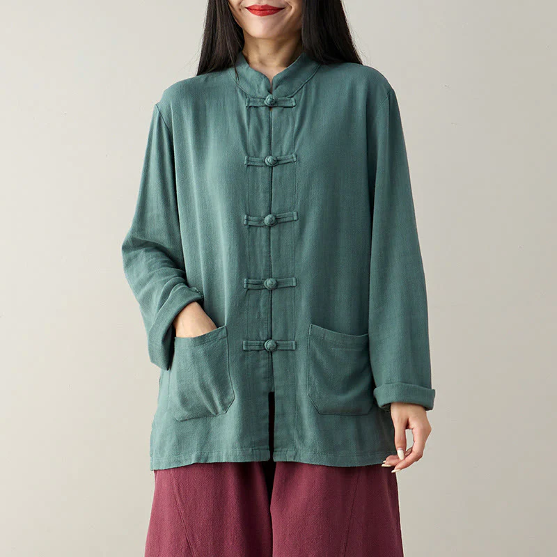 Camicie da donna in cotone e lino a maniche lunghe con bottoni a rana, tinta unita, con tasche, Buddha Stones - Image 12