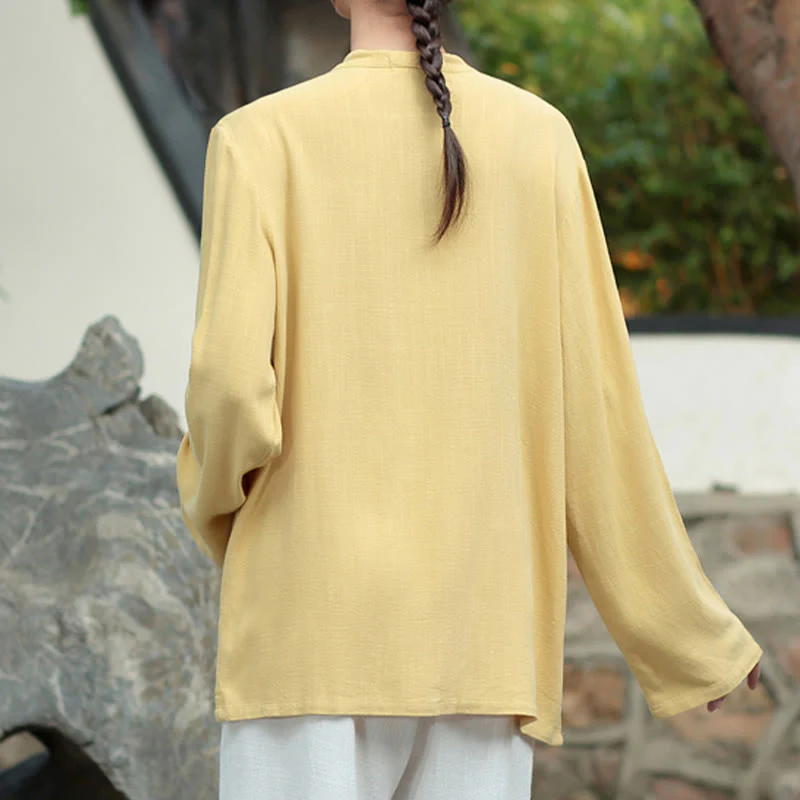 Camicie da donna in cotone e lino a maniche lunghe con bottoni a rana, tinta unita, con tasche, Buddha Stones - Image 16