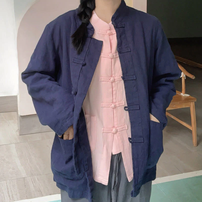 Camicie da donna in cotone e lino a maniche lunghe con bottoni a rana, tinta unita, con tasche, Buddha Stones - Image 19