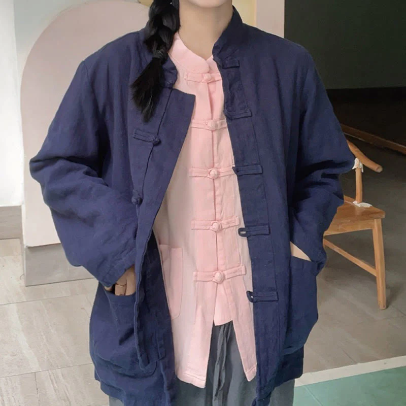 Camicie da donna in cotone e lino a maniche lunghe con bottoni a rana, tinta unita, con tasche, Buddha Stones - Image 20