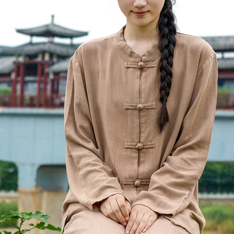 Camicie da donna in cotone e lino a maniche lunghe con bottoni a rana, tinta unita, con tasche, Buddha Stones - Image 22
