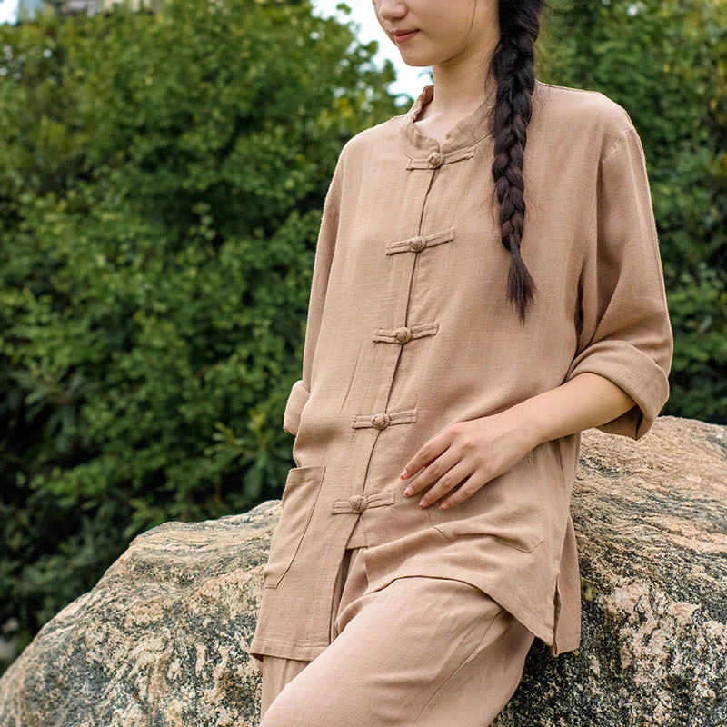 Camicie da donna in cotone e lino a maniche lunghe con bottoni a rana, tinta unita, con tasche, Buddha Stones - Image 23