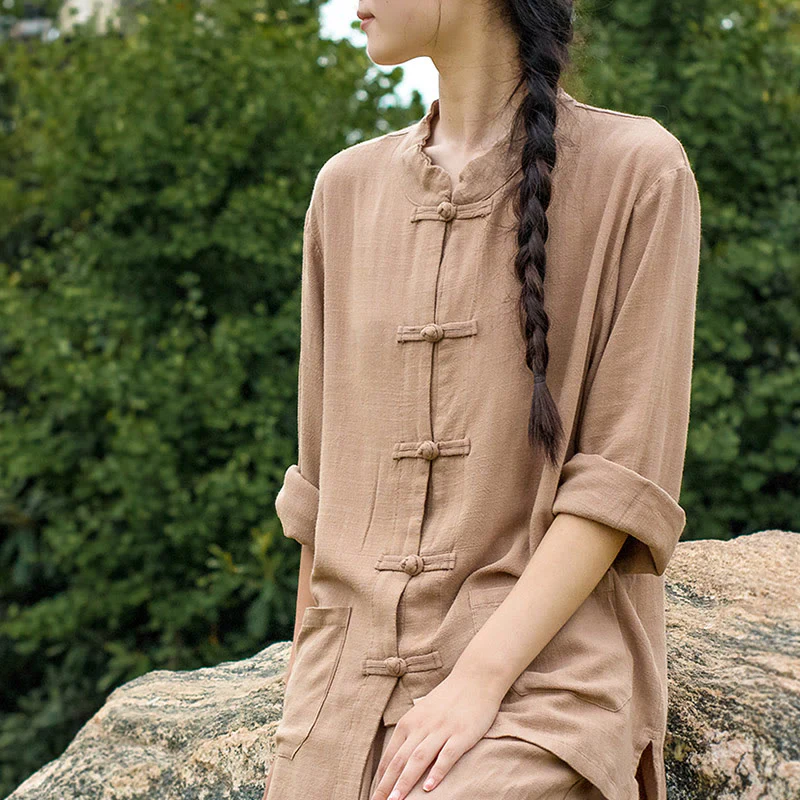 Camicie da donna in cotone e lino a maniche lunghe con bottoni a rana, tinta unita, con tasche, Buddha Stones - Image 24