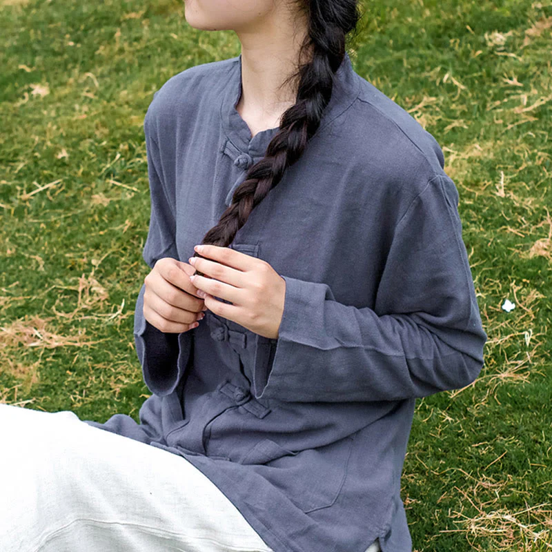 Camicie da donna in cotone e lino a maniche lunghe con bottoni a rana, tinta unita, con tasche, Buddha Stones - Image 25