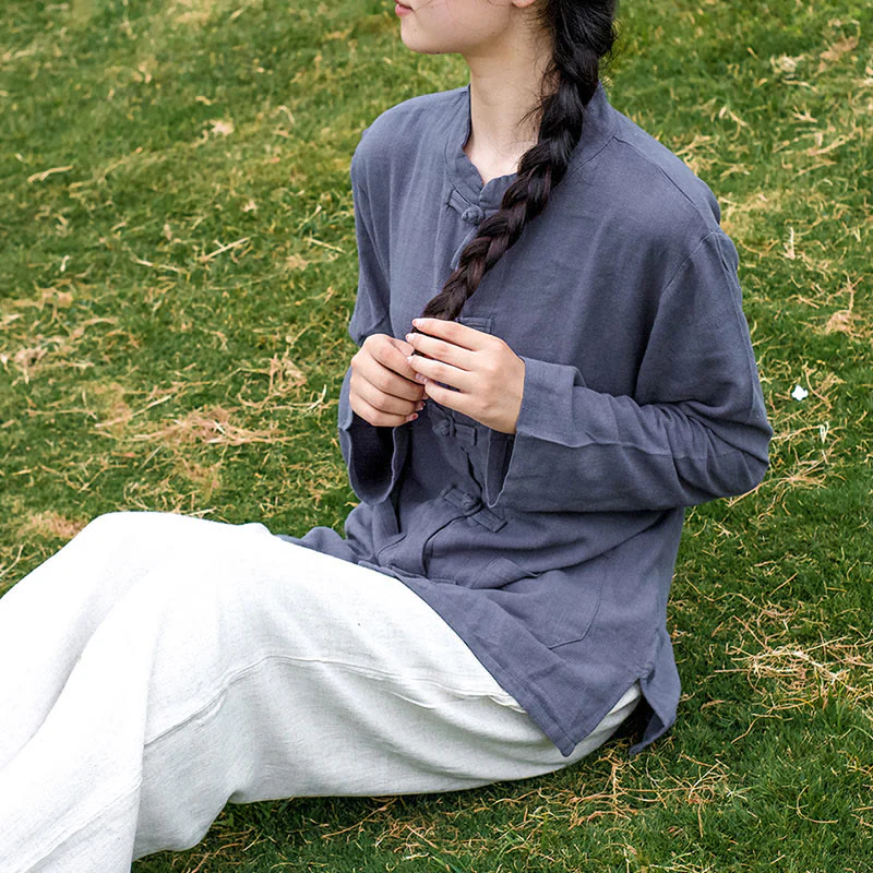 Camicie da donna in cotone e lino a maniche lunghe con bottoni a rana, tinta unita, con tasche, Buddha Stones - Image 26