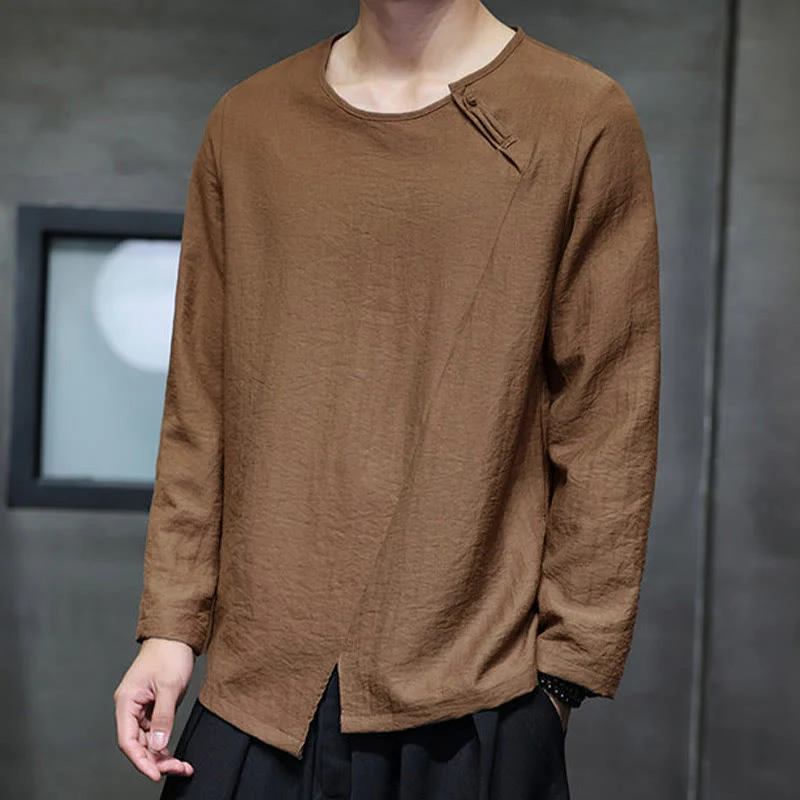 Camicie da uomo larghe a maniche lunghe con scollo rotondo e tinta unita Buddha Stones - Image 38
