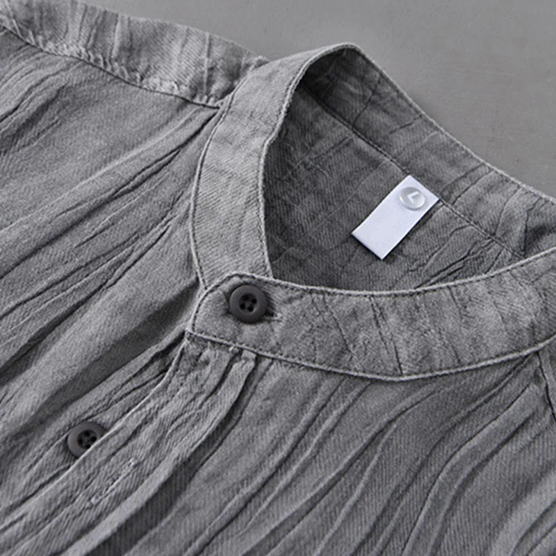 Camicie da uomo in lino ramiè con bottoni, maniche lunghe e pieghe, motivo Buddha Stones - Image 3