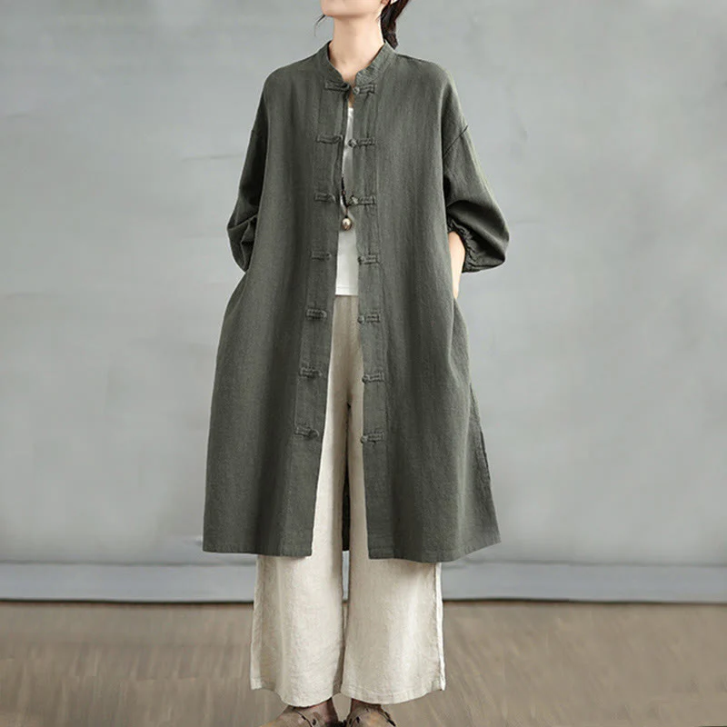 Cappotto casual da donna in cotone e lino con bottoni a rana e tasche Buddha Stones - Image 6