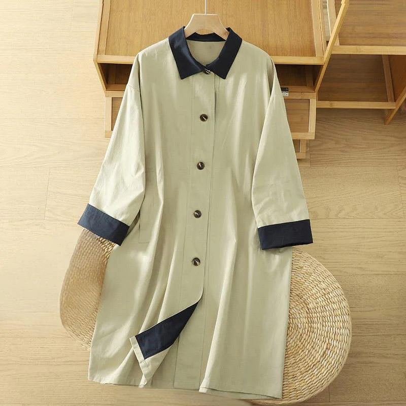 Cappotto da donna in cotone a maniche lunghe con tasche, motivo patchwork, bottoni a risvolto Buddha Stones - Image 2