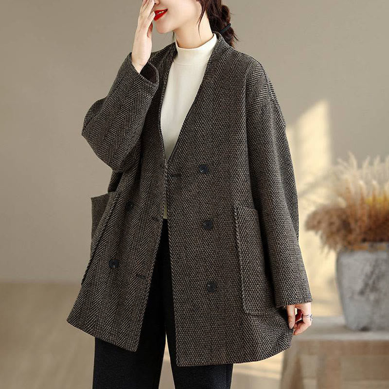 Cappotto da donna in cotone con maniche lunghe, scollo a V e strisce Buddha Stones con tasche - Image 11