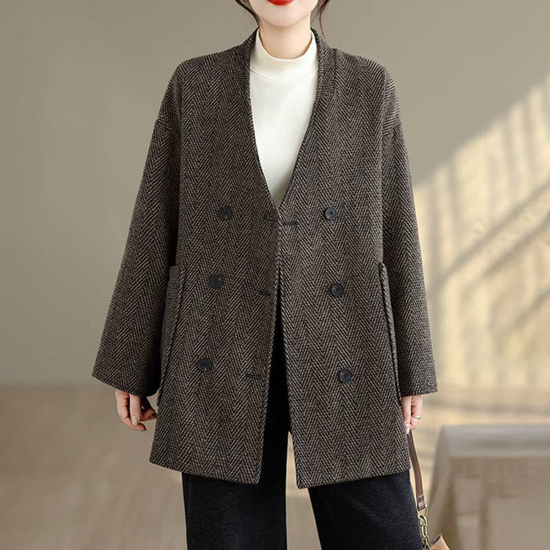 Cappotto da donna in cotone con maniche lunghe, scollo a V e strisce Buddha Stones con tasche - Image 12