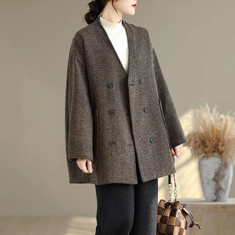 Cappotto da donna in cotone con maniche lunghe, scollo a V e strisce Buddha Stones con tasche - Image 13
