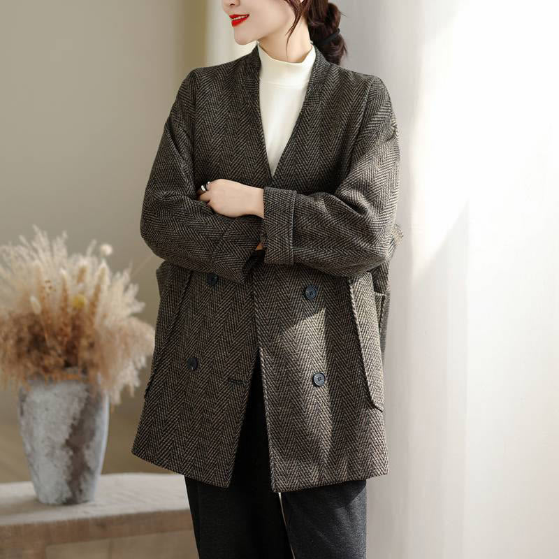 Cappotto da donna in cotone con maniche lunghe, scollo a V e strisce Buddha Stones con tasche - Image 14