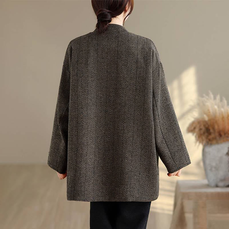 Cappotto da donna in cotone con maniche lunghe, scollo a V e strisce Buddha Stones con tasche - Image 17