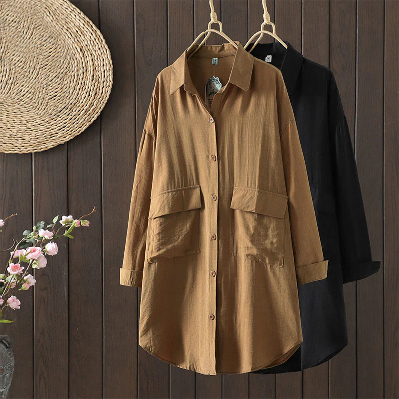 Cappotto da donna in cotone con tasche e bottoni semplici Buddha Stones - Image 17