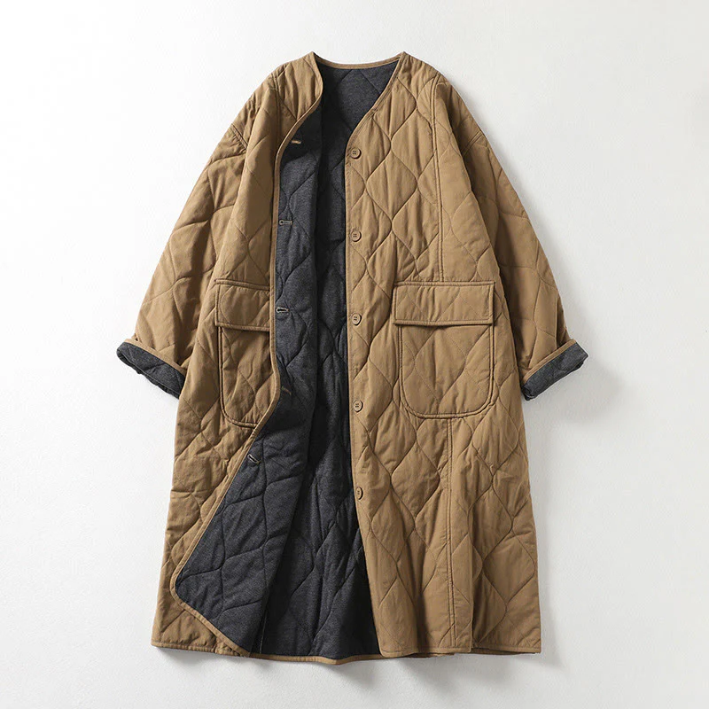 Cappotto da donna in cotone con tasche, maniche lunghe, scollo a V, bottoni semplici , Buddha Stones