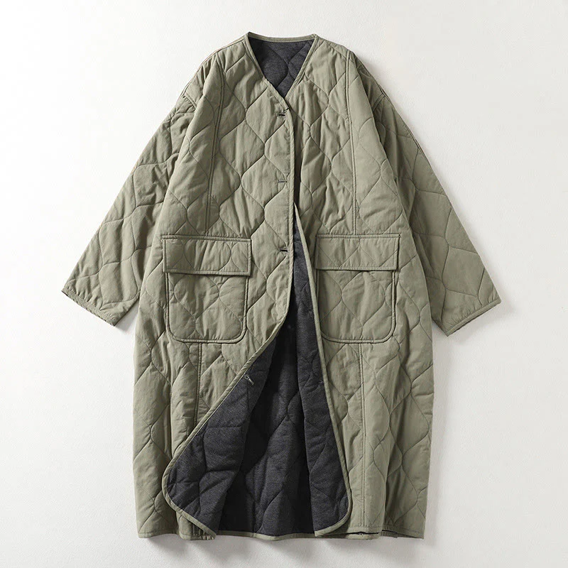 Cappotto da donna in cotone con tasche, maniche lunghe, scollo a V, bottoni semplici , Buddha Stones - Image 7