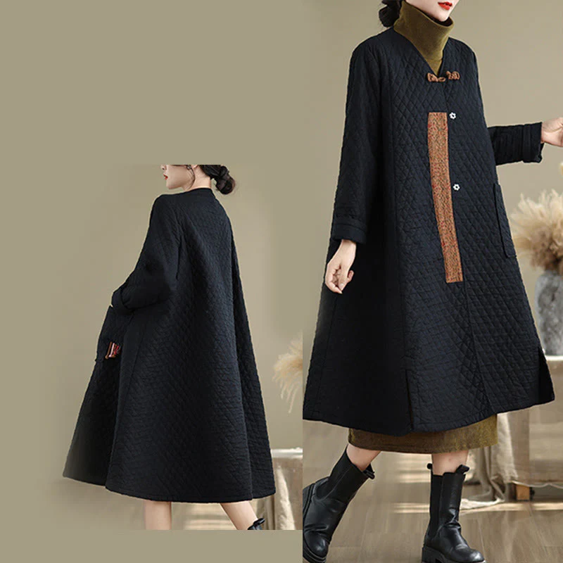 Cappotto da donna in cotone di media lunghezza con motivo a rombi e tasche Buddha Stones - Image 8