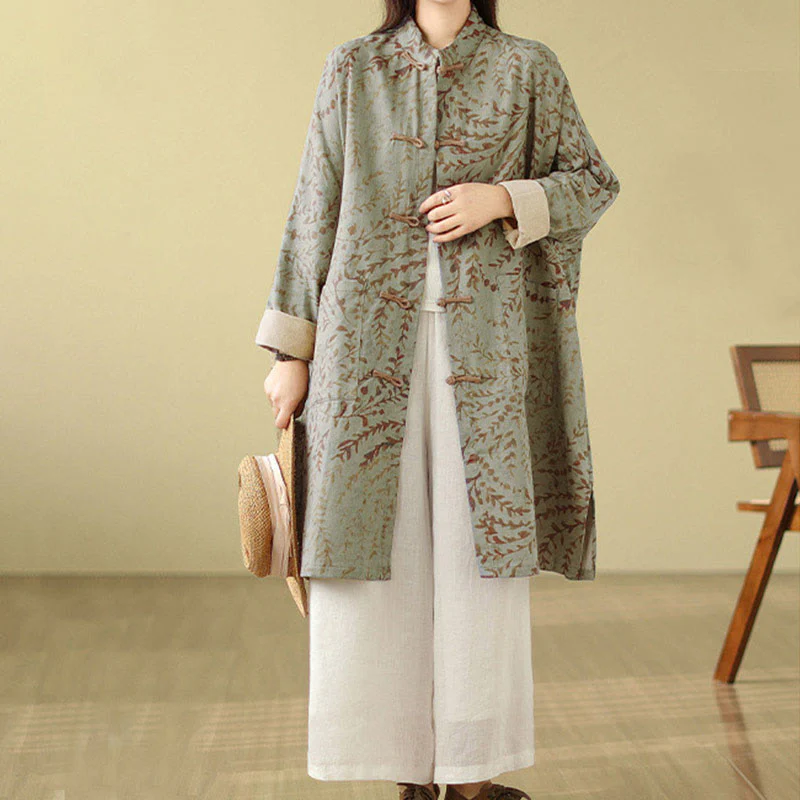 Cappotto da donna con foglie di vite e bottoni a rana, con tasche, in Buddha Stones