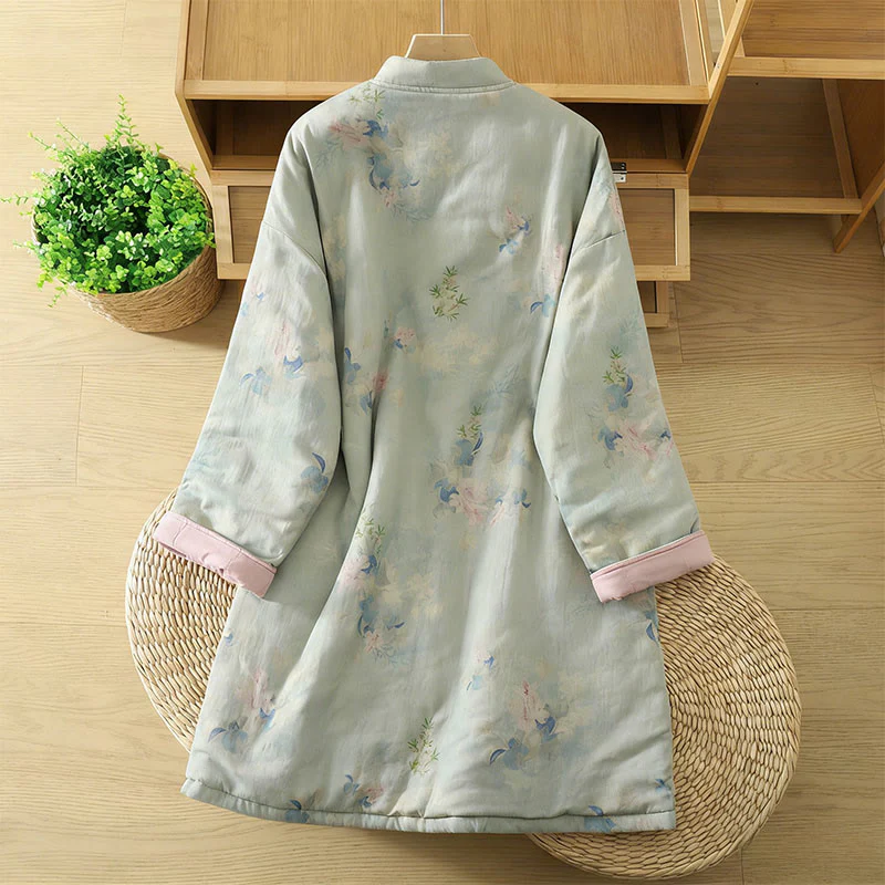 Cappotto da donna con maniche lunghe e collo rotondo, motivo floreale con bottoni a rana Buddha Stones - Image 13