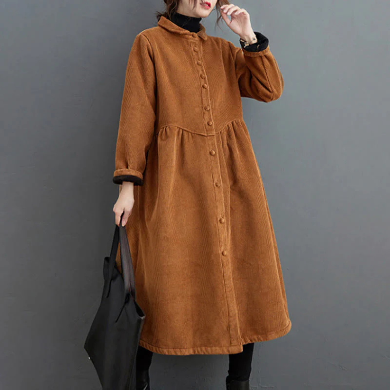 Cappotto da donna in velluto a coste di cotone con fodera in pile, maniche lunghe, bottoni semplici, Buddha Stones, con tasche - Image 20