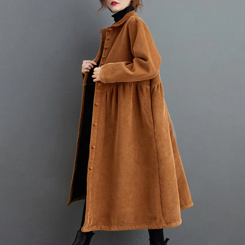 Cappotto da donna in velluto a coste di cotone con fodera in pile, maniche lunghe, bottoni semplici, Buddha Stones, con tasche - Image 21