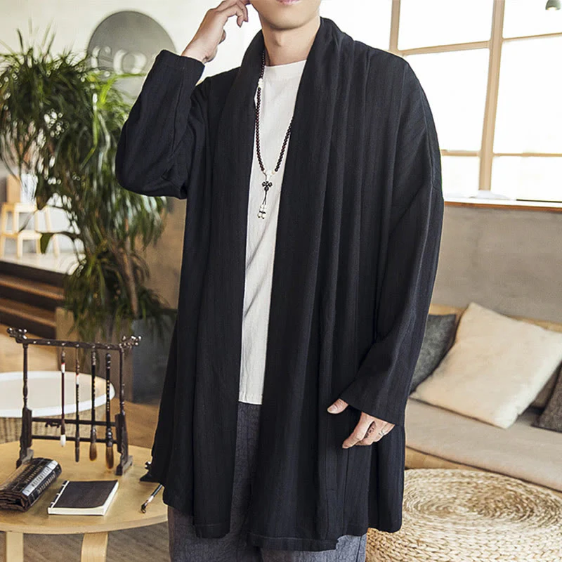Cappotto da uomo di media lunghezza in misto lino semplice e casual, modello Buddha Stones Fall - Image 10