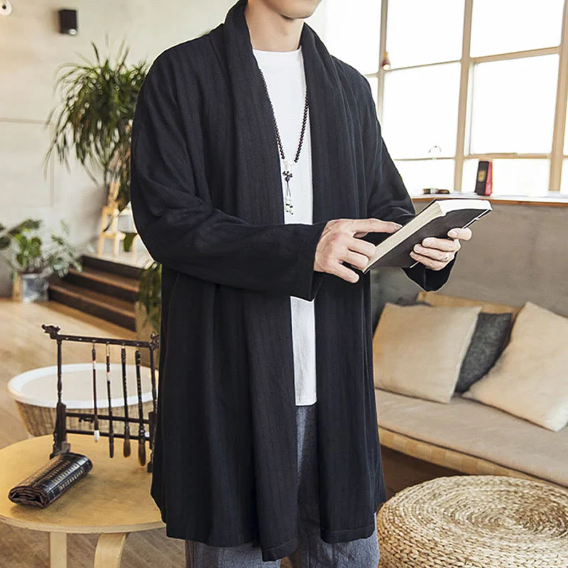 Cappotto da uomo di media lunghezza in misto lino semplice e casual, modello Buddha Stones Fall - Image 13