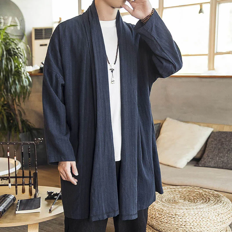 Cappotto da uomo di media lunghezza in misto lino semplice e casual, modello Buddha Stones Fall - Image 21