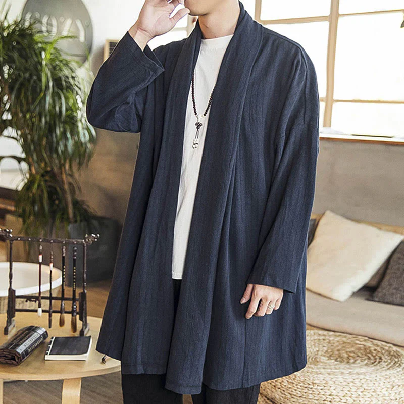 Cappotto da uomo di media lunghezza in misto lino semplice e casual, modello Buddha Stones Fall - Image 22