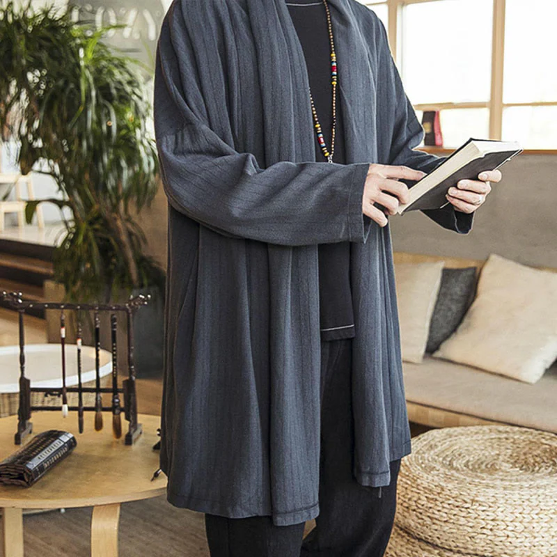 Cappotto da uomo di media lunghezza in misto lino semplice e casual, modello Buddha Stones Fall - Image 3