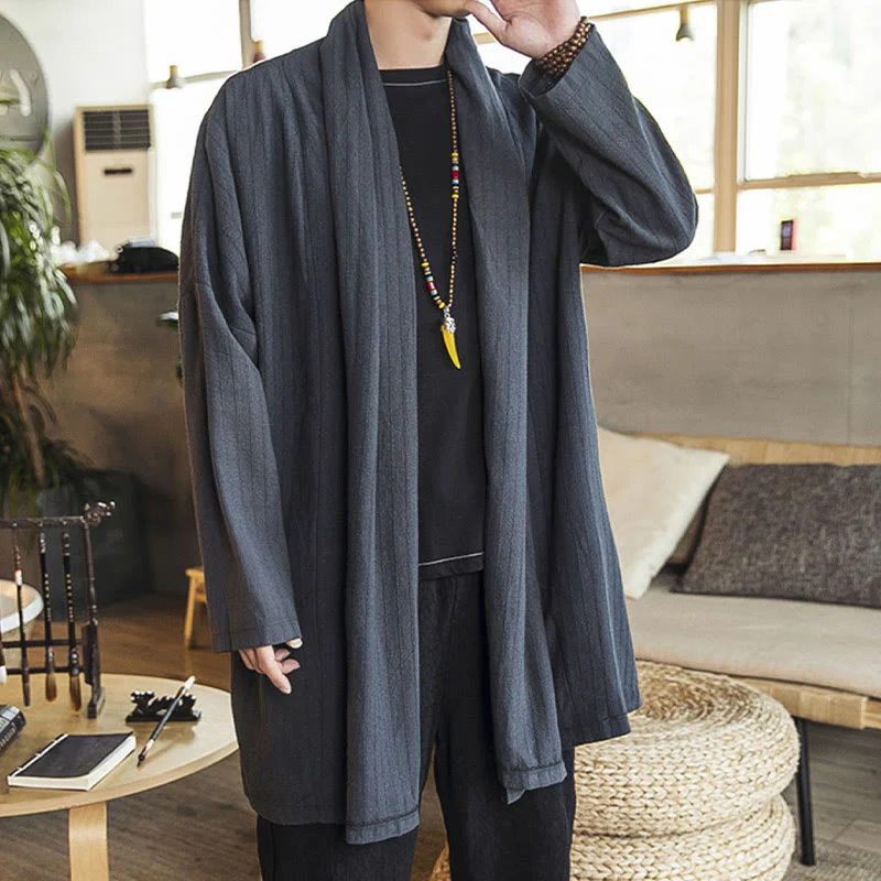 Cappotto da uomo di media lunghezza in misto lino semplice e casual, modello Buddha Stones Fall - Image 4