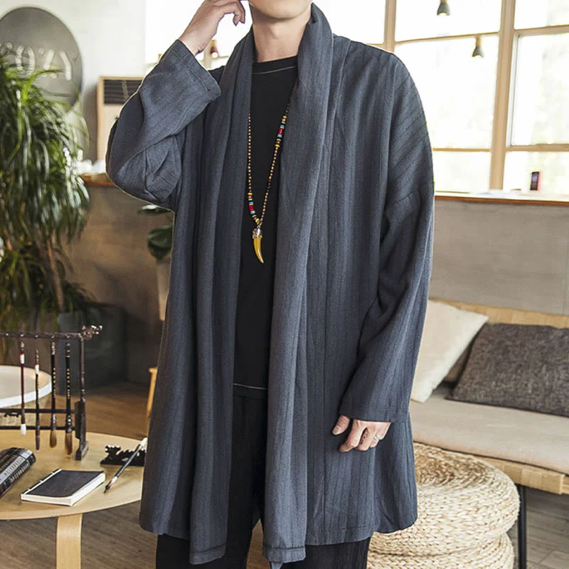 Cappotto da uomo di media lunghezza in misto lino semplice e casual, modello Buddha Stones Fall - Image 5