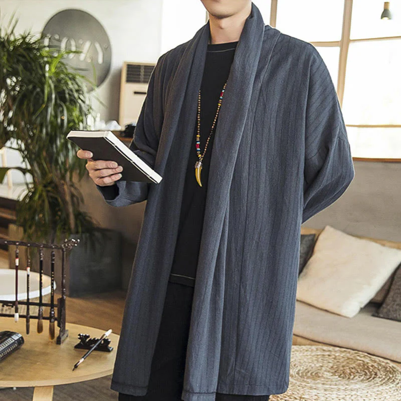 Cappotto da uomo di media lunghezza in misto lino semplice e casual, modello Buddha Stones Fall - Image 6