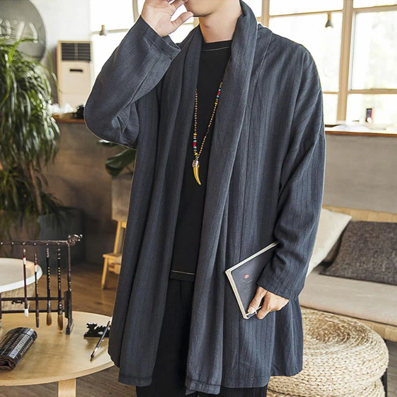 Cappotto da uomo di media lunghezza in misto lino semplice e casual, modello Buddha Stones Fall - Image 7