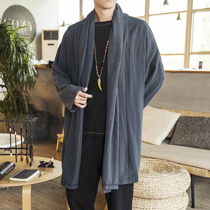 Cappotto da uomo di media lunghezza in misto lino semplice e casual, modello Buddha Stones Fall - Image 8