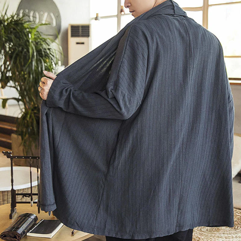 Cappotto da uomo di media lunghezza in misto lino semplice e casual, modello Buddha Stones Fall - Image 9