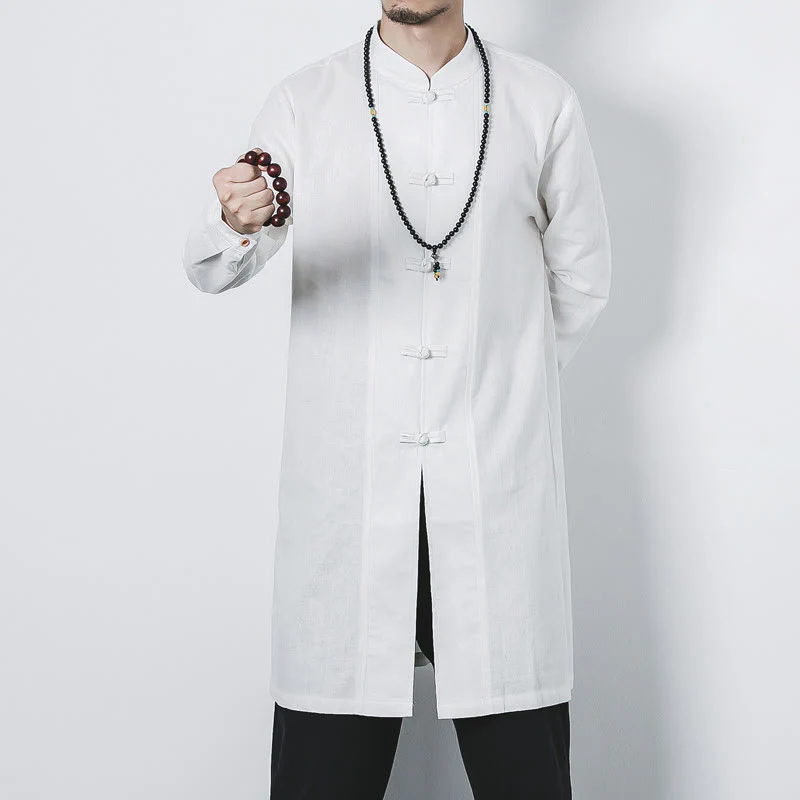 Cappotto da uomo in lino con bottoni a forma di rana, lunghezza media , Buddha Stones Fall Zen Clothing - Image 15