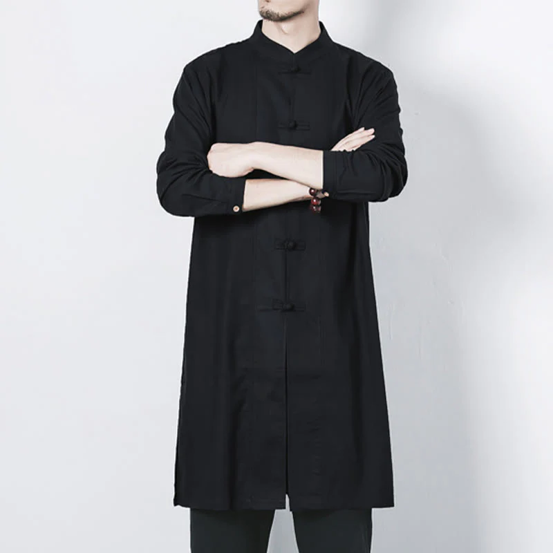 Cappotto da uomo in lino con bottoni a forma di rana, lunghezza media , Buddha Stones Fall Zen Clothing - Image 21