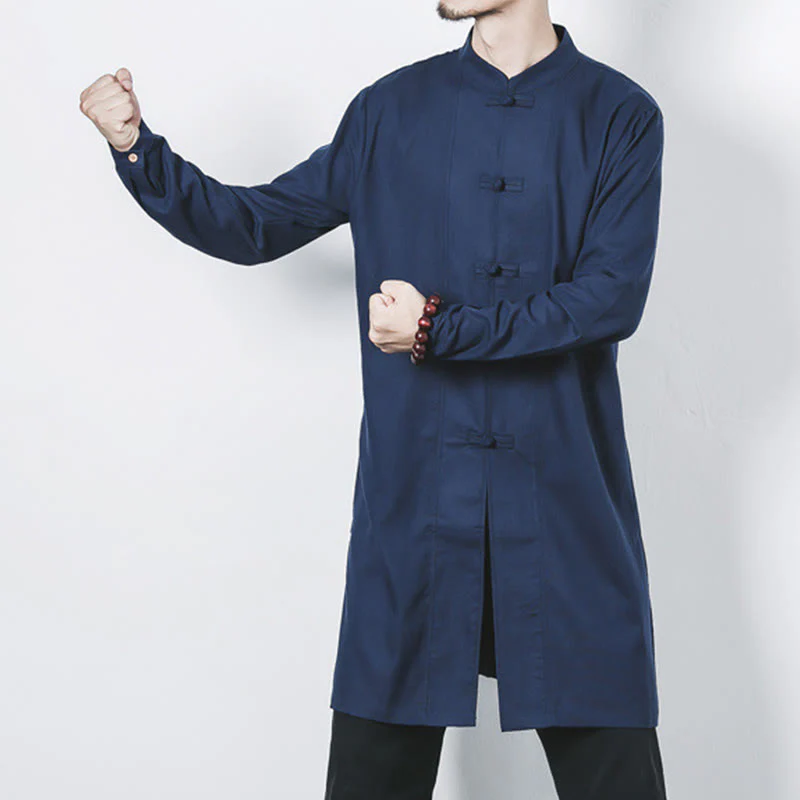 Cappotto da uomo in lino con bottoni a forma di rana, lunghezza media , Buddha Stones Fall Zen Clothing - Image 5