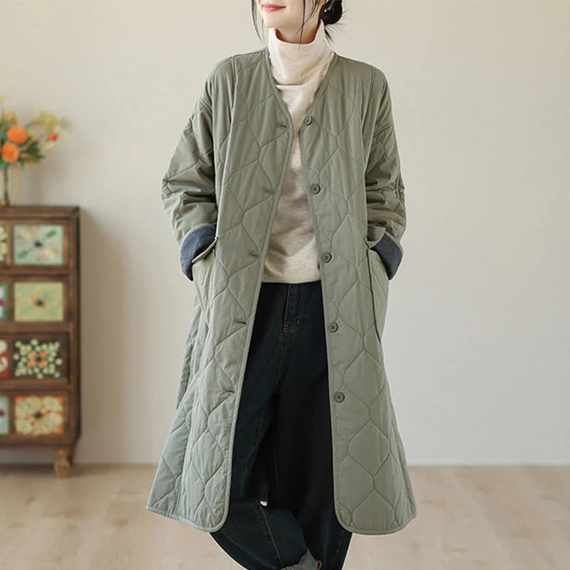 Cappotto imbottito in cotone con tasche e bottoni semplici da donna Buddha Stones