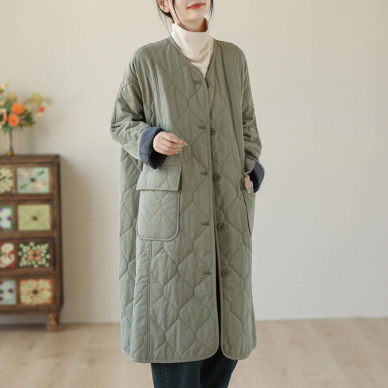 Cappotto imbottito in cotone con tasche e bottoni semplici da donna Buddha Stones - Image 4