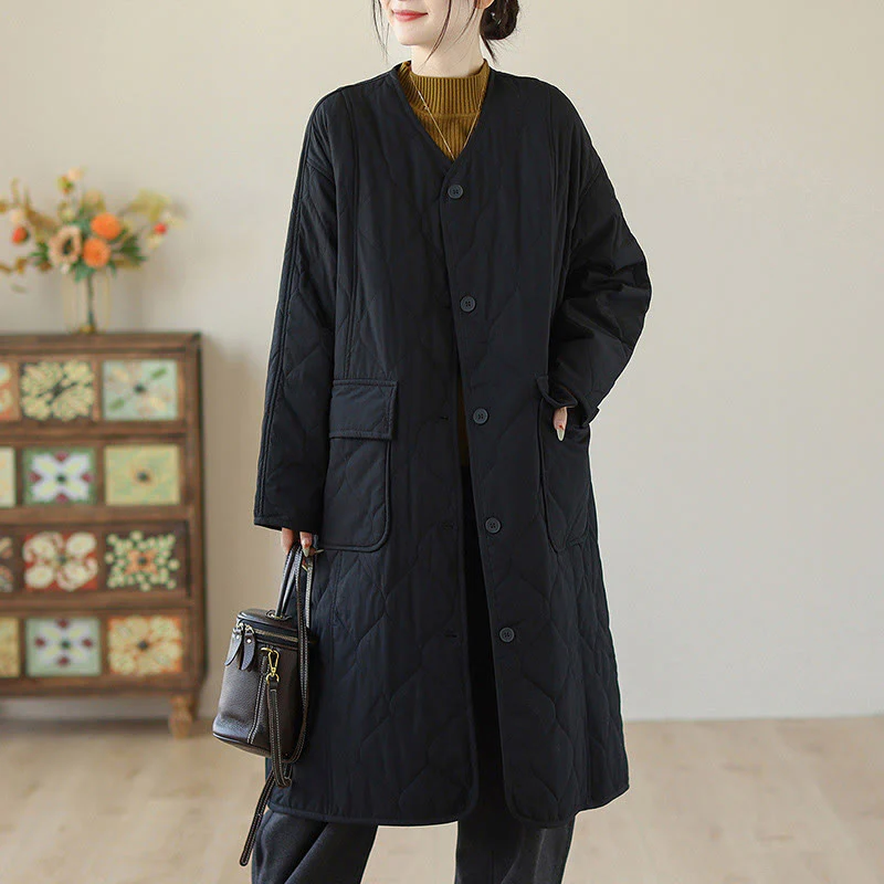 Cappotto imbottito in cotone con tasche e bottoni semplici da donna Buddha Stones - Image 7