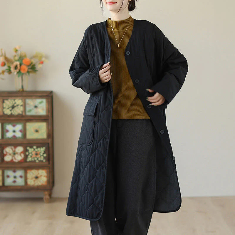 Cappotto imbottito in cotone con tasche e bottoni semplici da donna Buddha Stones - Image 9