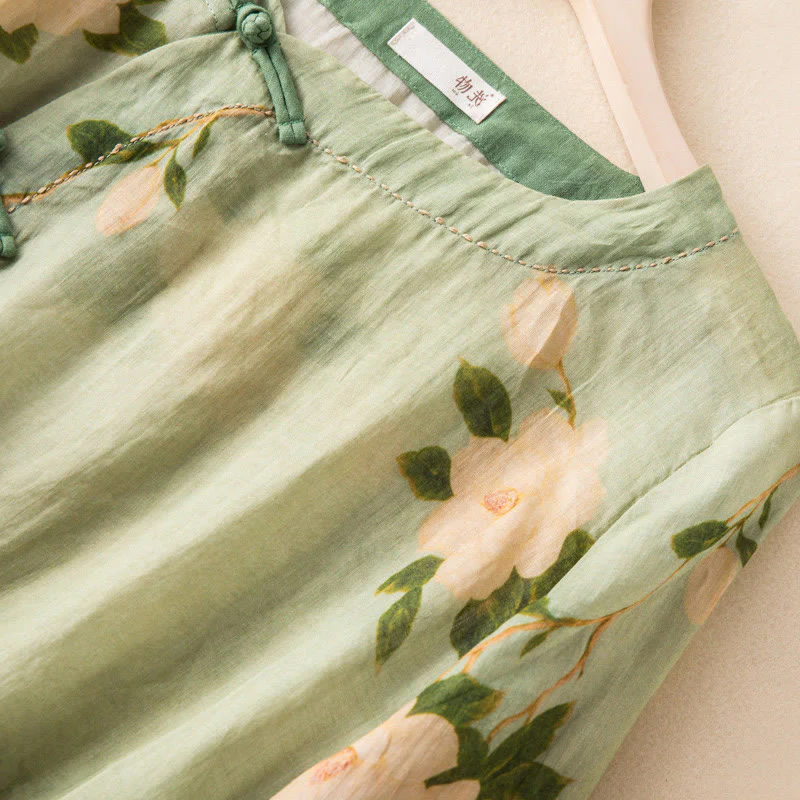 Camicia da donna a maniche lunghe in cotone e lino, verde chiaro, casual, con stampa artistica e motivo floreale, design con bottoni a forma di rana cinese Buddha Stones. - Image 4
