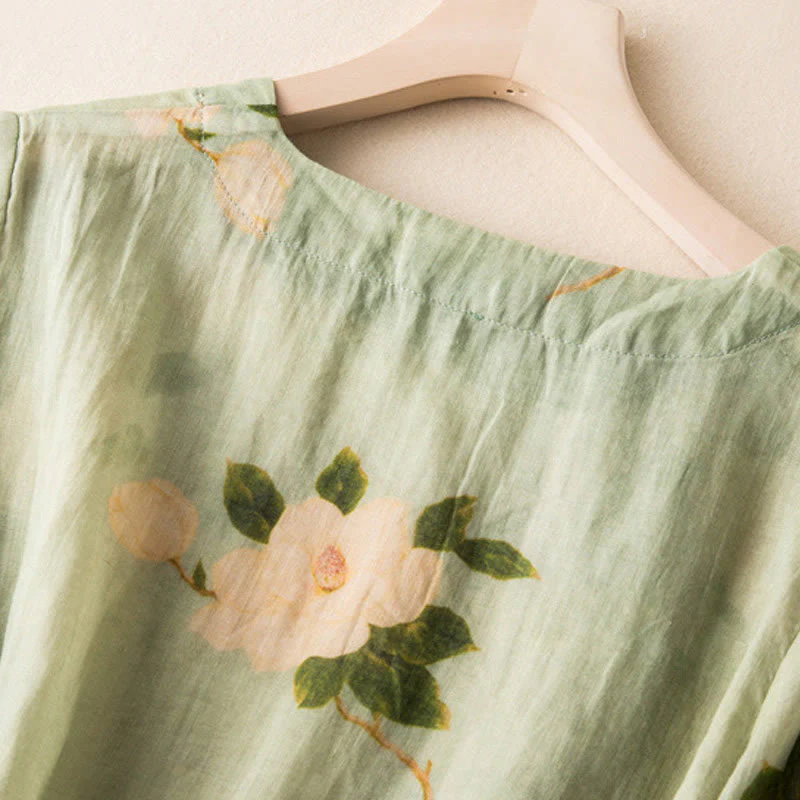 Camicia da donna a maniche lunghe in cotone e lino, verde chiaro, casual, con stampa artistica e motivo floreale, design con bottoni a forma di rana cinese Buddha Stones. - Image 6