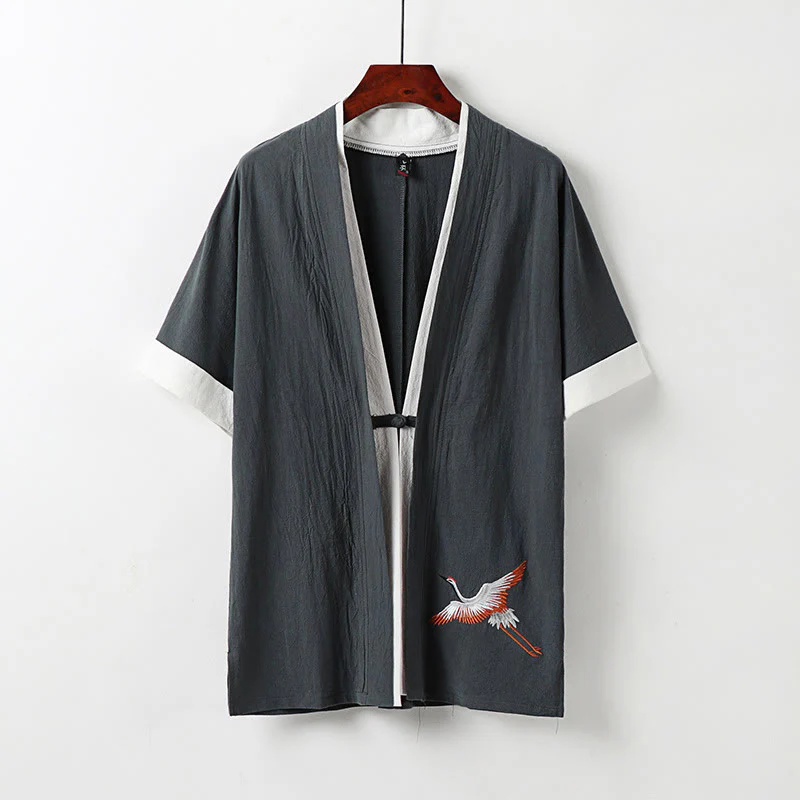 Kimono Hanfu da uomo a due pezzi con maniche corte e ricami, in cotone confortevole, con finte Buddha Stones. - Image 12